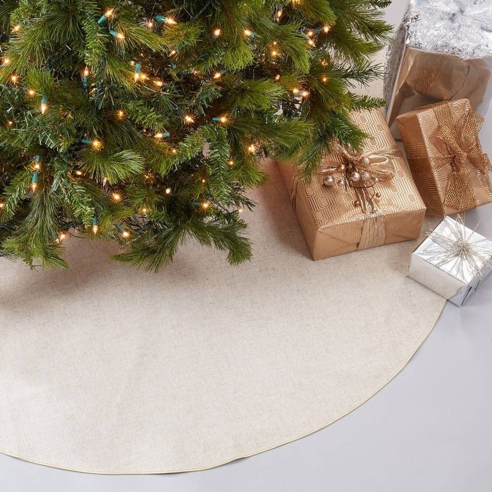 Fennco Styles Gold Piping Design Decorative Christmas Tree Skirt 72 Inch Round - Linen Blend Holiday Tree Skirt for Home, Christmas Tree, Indoor Outdoor Decoration and Special Events