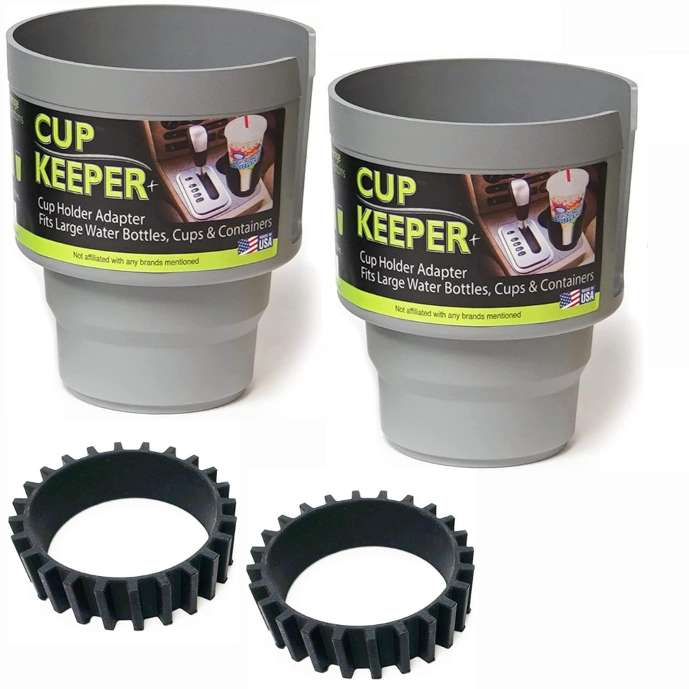 Cup Keeper Plus-2 PK W/Beverage Bands Car Cup Holder Adapter Expands to Hold Larger Beverage Containers up to 3.7" Diameter/Fits 32 oz Flasks & Water Bottles Gray