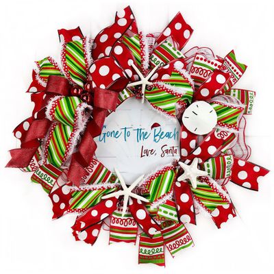 Artisan Coastal, Beach, Nautical Gone to the Beach Love Santa Christmas Wreath, Sand Dollar, Starfish, Bow