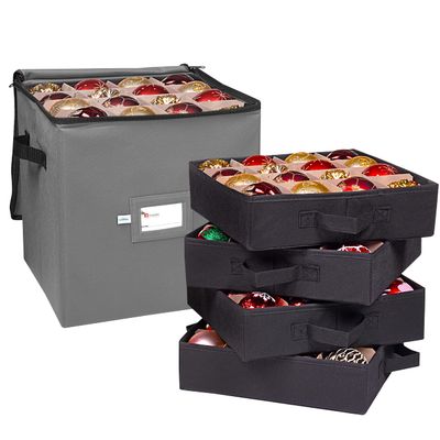 Primode Christmas Ornament Storage Box, 4 Individual Trays Xmas Storage Container, Fits 64 Ornaments Decoration Balls, Constructed of Durable 600D Oxford Material (Gray)