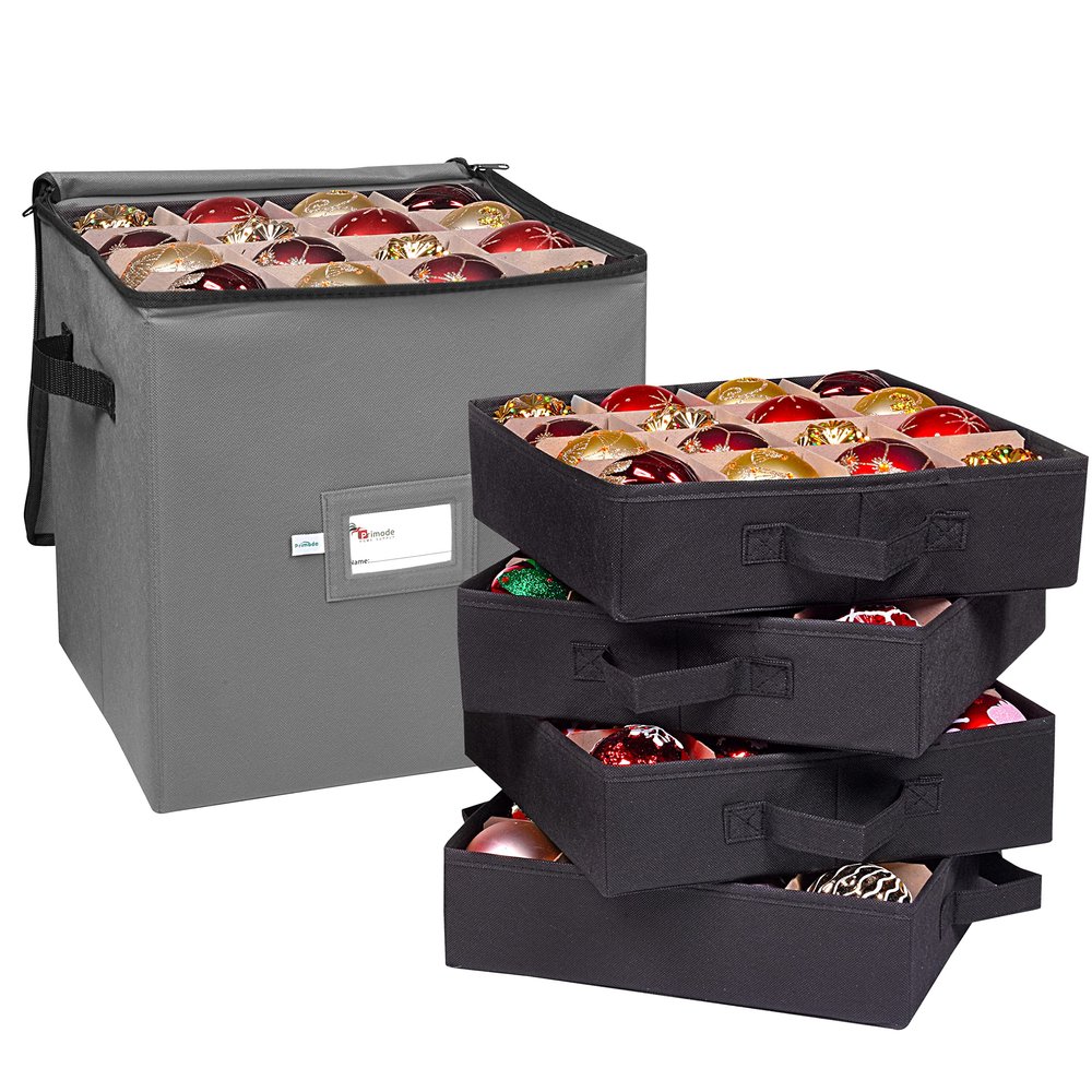 Primode Christmas Ornament Storage Box, 4 Individual Trays Xmas Storage Container, Fits 64 Ornaments Decoration Balls, Constructed of Durable 600D Oxford Material (Gray)