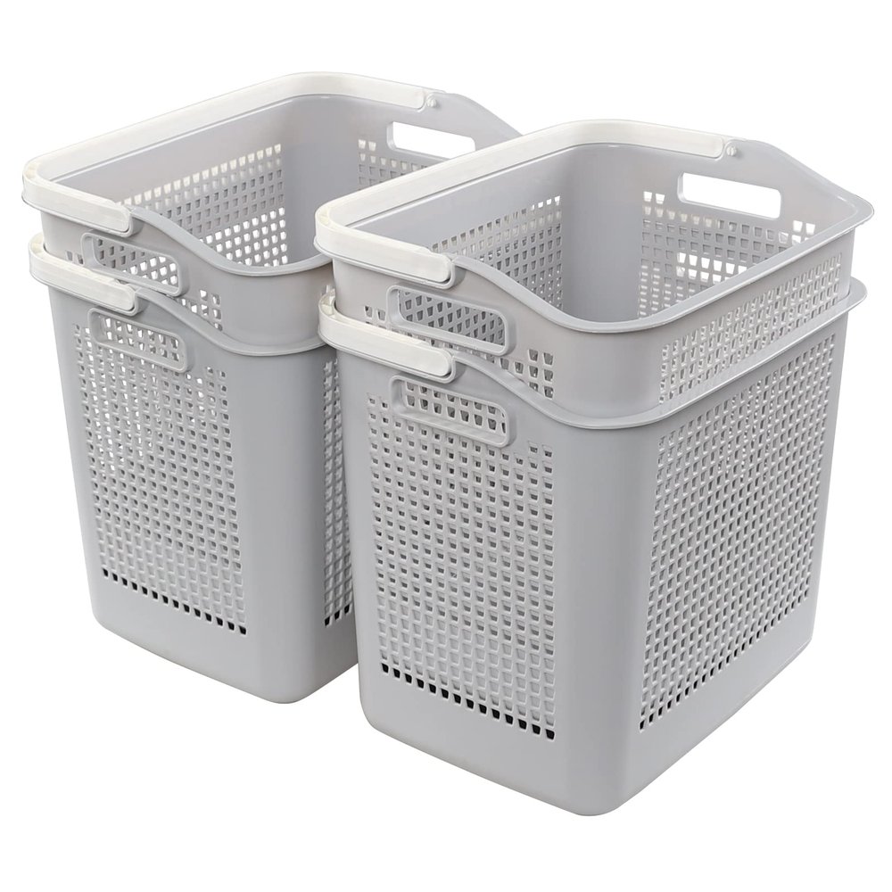 Asking 4-Pack 35 L Plastic Laundry Baskets, Gray Clothes Basket with Handle