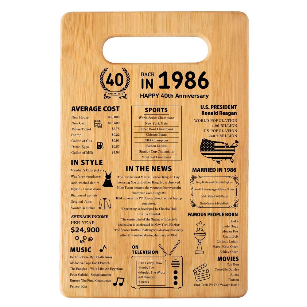40th Wedding Anniversary Cutting Board Gifts for Women Men Marriage Gifts for Couple 1986 Poster Back In 1986 40th Anniversary Decorations 100% Organic Bamboo Pre Oiled 11"L x 7"W x 0.5"Th