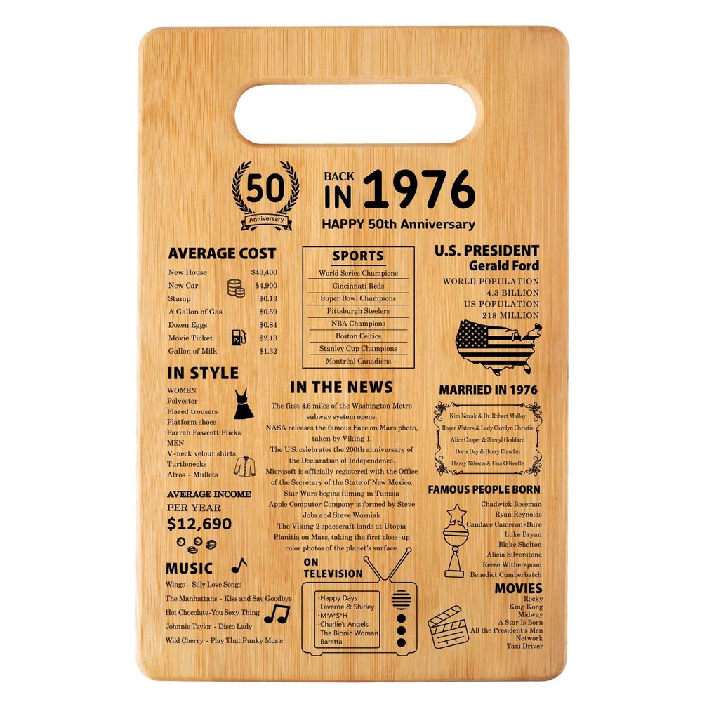 50th Wedding Anniversary Cutting Board Gifts for Women Men Marriage Gifts for Couple 1976 Poster Back In 1976 50th Anniversary Decorations 100% Organic Bamboo Pre Oiled 11"L x 7"W x 0.5"Th