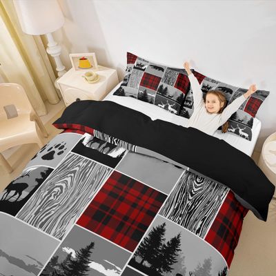 Rustic Deer Duvet Cover for Boys, Hunting Bear Moose Bedding Set Twin Size Country Wild Animal Comforter Cover Plaid Grid Patchwork Bed Set for Kids Teens Adult Men Bedroom Decor,Grey Red Black