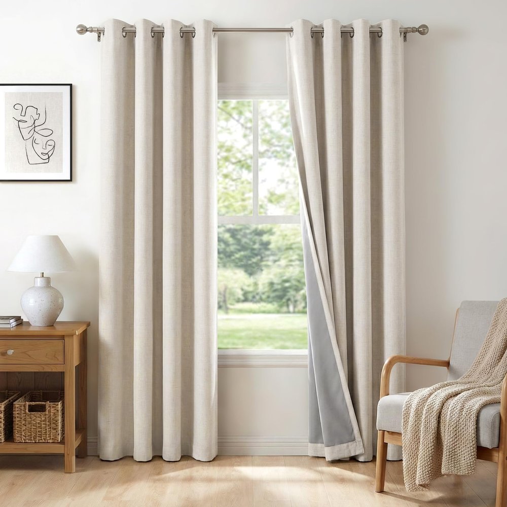 100% Blackout Shield Linen Blackout Curtains for Bedroom, Beige Grommet Curtains for Living Room, Thermal Insulated Room Darkening Drapes for Nursery, Boho Home Decor, 50" W x 72" L, 2 Panels