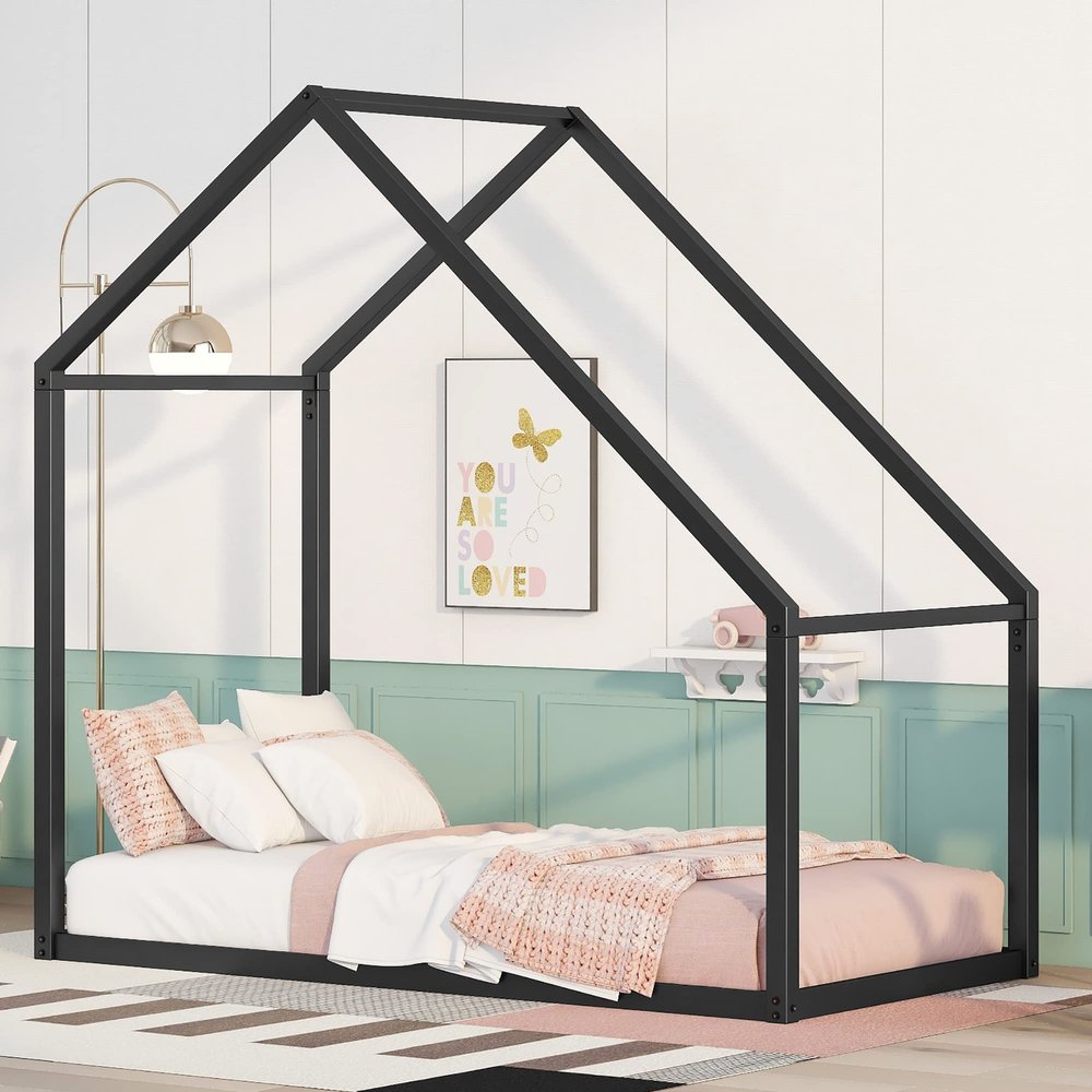 Fun Twin Size Metal Kids House Bed, Suitable for Children, Teenagers, Boys, Girls (Black@W>)