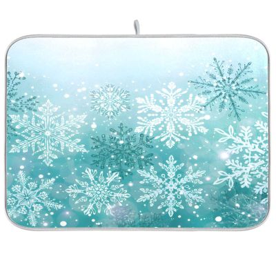 Silver Winter Teal Turquoise Snowflakes Christmas Dish Drying Mat for Kitchen Ccounter Absorbent Microfiber Small Drying Pad Dish mats for Kitchen Countertops 16 x 18 Inch