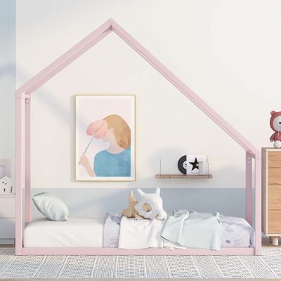Fun Twin Size Metal Kids House Bed, Suitable for Children, Teenagers, Boys, Girls (Pink@W>)