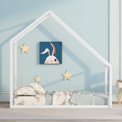 Fun Twin Size Metal Kids House Bed, Suitable for Children, Teenagers, Boys, Girls (White@W>)
