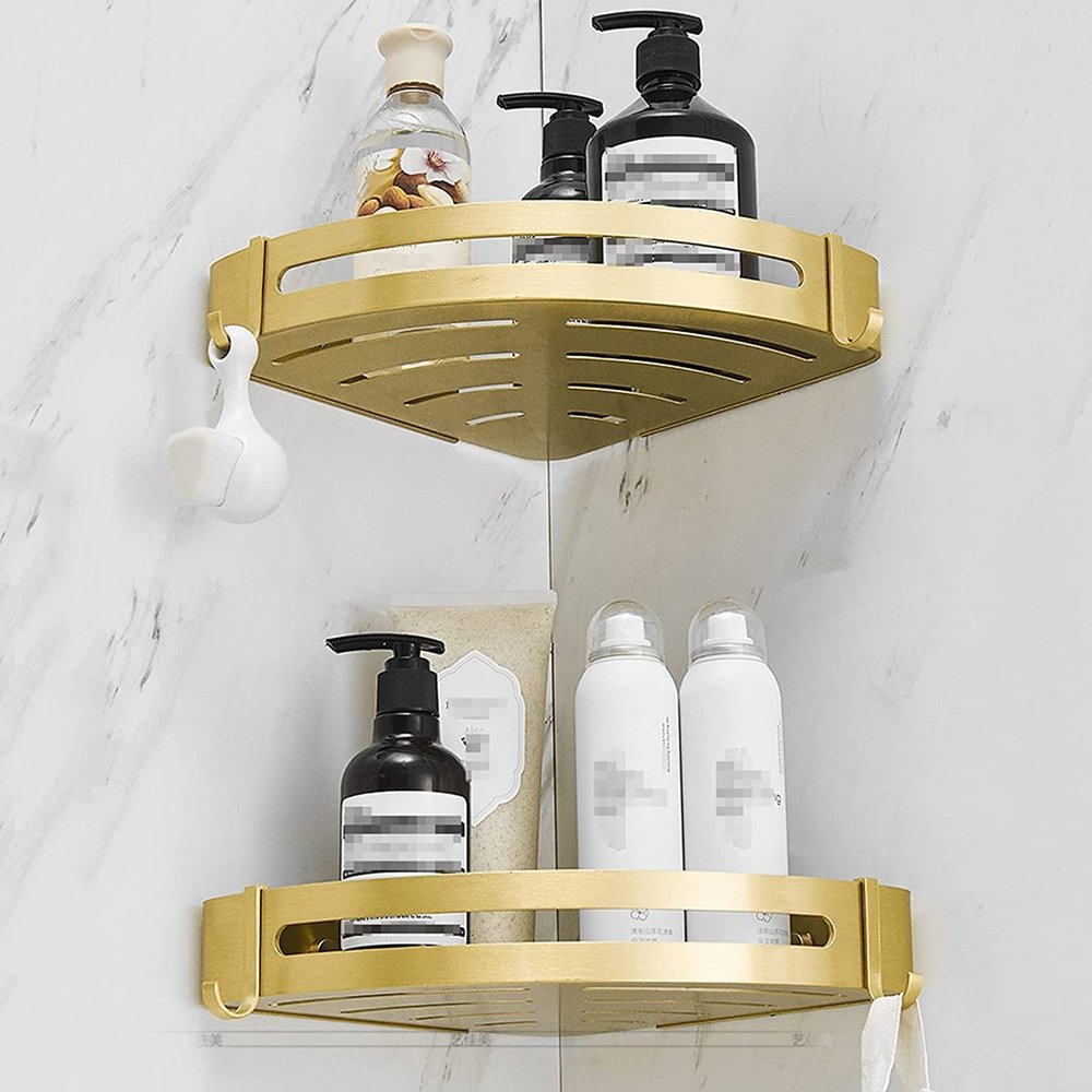 ROFRA Drilling 2 Tiers Bathroom Corner Shelf Organizer for Shower Kitchen Storage Durable Space Aluminum Shower Caddy with Removable Hooks,Gold