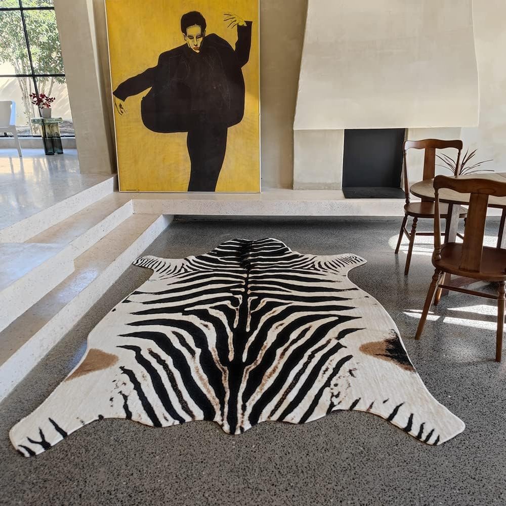 Rugoo Zebra Print Rug - 6.4 ft x 8.5 ft Black and White Animal Print Area Rug - Faux Fur - For Living Room, Bedroom, Nursery
