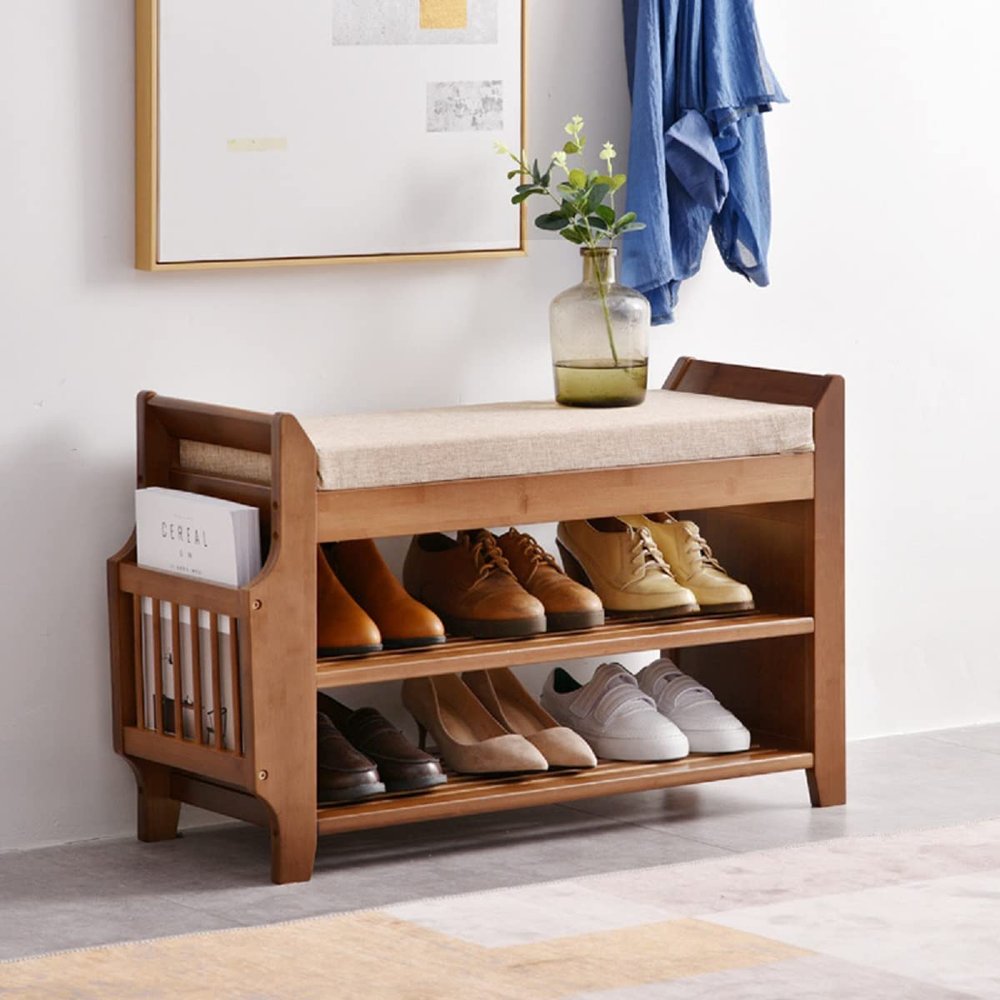 Gdrasuya10 Bamboo Shoe Rack Bench, 2 Tier Shoe Organizer with Storage Basket Shoe Seat Bench with Soft Cushion Padded & Side Drawer for Hallway Entryway Living Room 31 inch