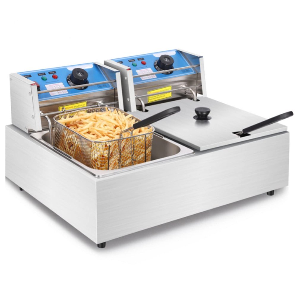 Electric Deep Fryer with Basket Stainless Steel 6 Liters 12 Liters Oil Fryers, Temperature Setting & Light Indicator with Adjustable Thermostat Control and Removable Frying Basket for Kitchen,Double