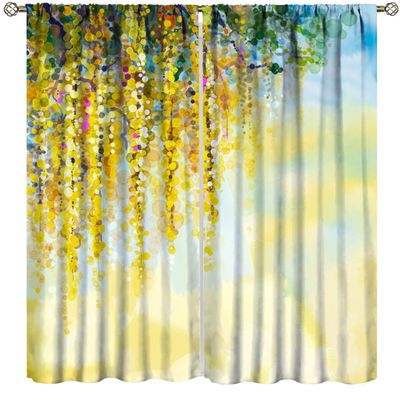 Watercolor Floral Curtains, Yellow Plants Herbs Vines Flowers Boys and Girls Bedroom Living Room Curtains Home Decor, Yellow 72x63in