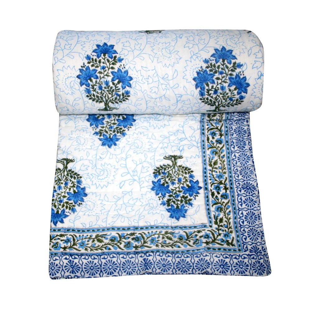 Kantha Jaipuri Razai Kantha Quilt Bedspread Kantha Cotton Filling Hand Block Print Kantha Rajai Home Decor Quilt Throw (Size_108x108 Inch)