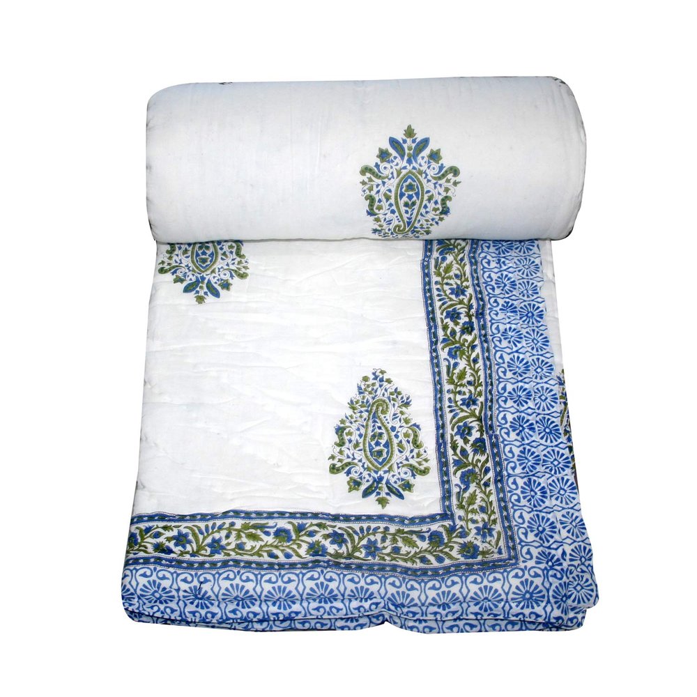 Kantha Indian Pure Cotton Filling Quilt Handmade Reversible Rajasthani Jaipuri Razai (Kantha Quilt, Rajai) (Size_108x108 Inch)