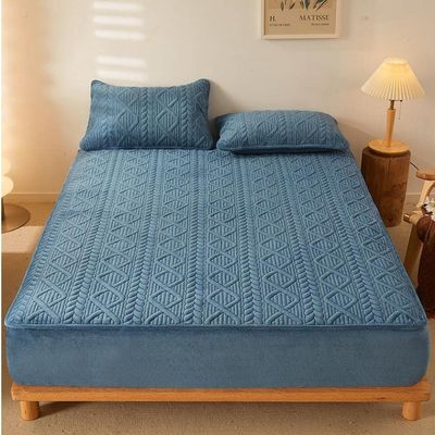 XHHBS Extra Deep Pocket Fitted Sheet and 2 Pillowcases, Coral Velvet Bed Mattress Protective Cover Pure Color Milk Fleece Bed Sheet Bedspread(Color:Azul,Size:California King)