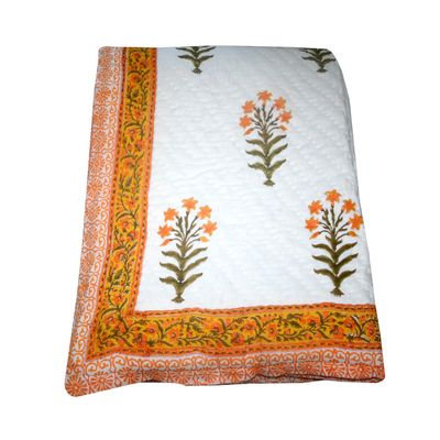 Kantha Bedspread Handmade Green Floral Print Cotton Warm Blanket for Winter Home Decorative Quilt Bedding Throw (Size_108x108 Inch)