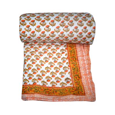 Kantha Indian Handmade Block Floral Cotton Reversible Winter Razai Quilt Light Weight Floral Coverlet Throw Warm Blanket (Size_108x108 Inch)
