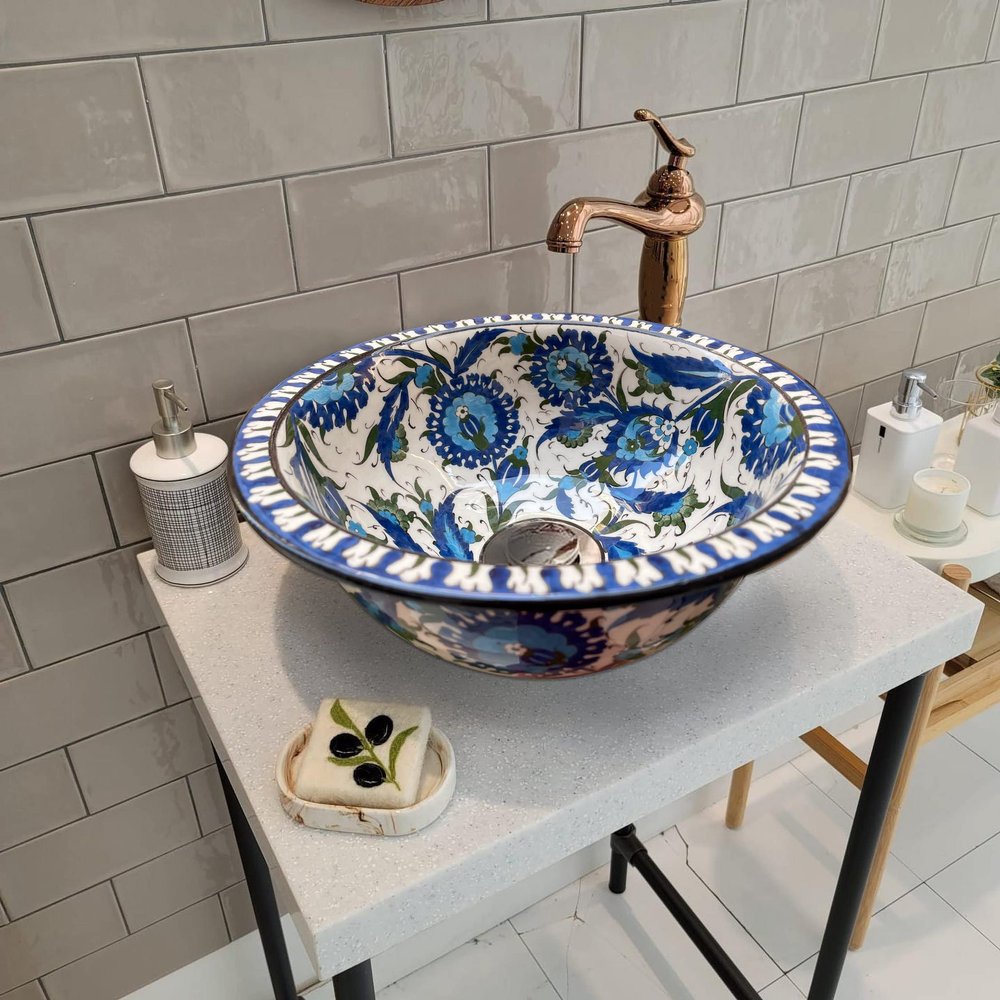 Unique Hatayi Flower and Floral Bathroom Sink, Ceramic Round Washbasin, Vanity Vessel Sink, Kitchen Sink, Powder Sink, Bathroom Remodeling