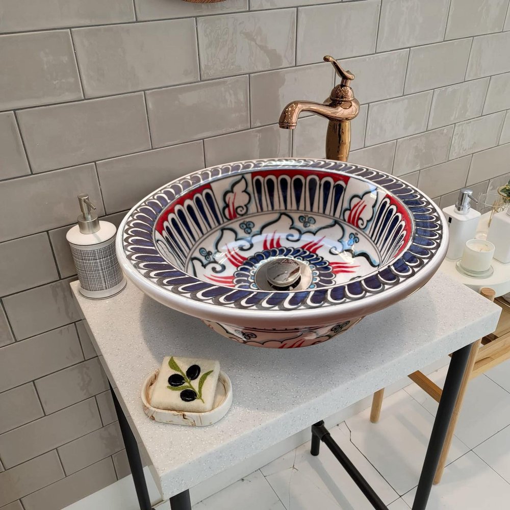 Geometric Mid Century Flame Bathroom Sink, Ceramic Round Washbasin, Vanity Vessel Sink, Kitchen Sink, Cloakroom Sink, Bathroom Remodeling (Diameter: 60 Cm - 24)