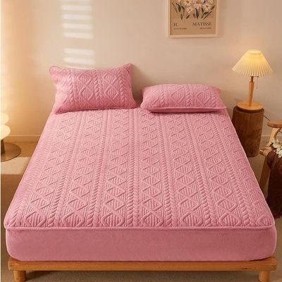 XHHBS Extra Deep Pocket Fitted Sheet and 2 Pillowcases, Coral Velvet Bed Mattress Protective Cover Pure Color Milk Fleece Bed Sheet Bedspread(Color:Pink,Size:California King)