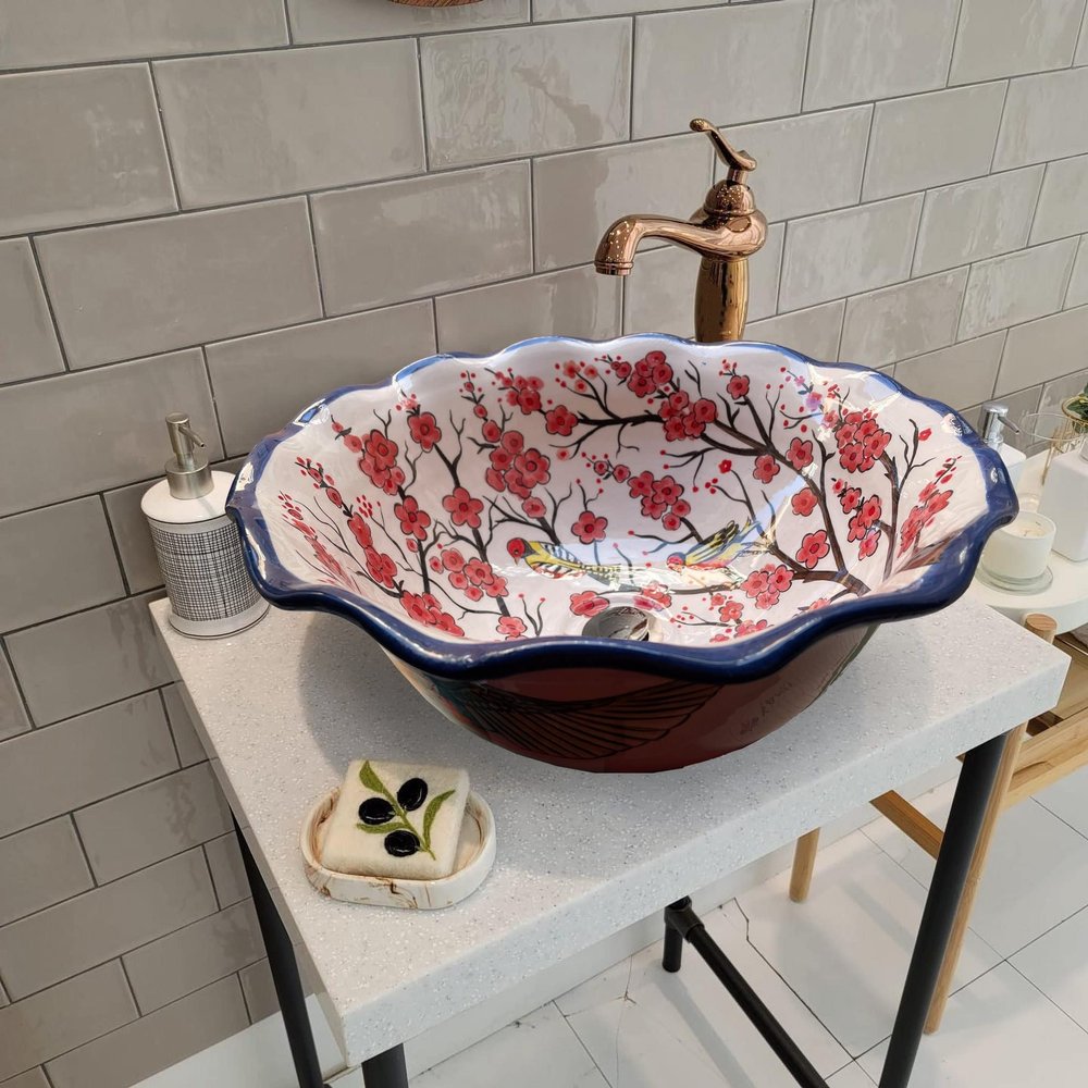 Bathroom Vanity Vessel Bird Sink, Bird & Sakura Washbasin, Half Bathroom Sink, Decorative Sink, Ceramic Bathroom Decor, Bathroom Remodeling
