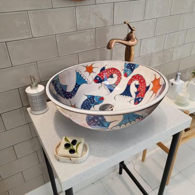 Bathroom Sink & Fish, Ceramic Countertop Basin, Hand painted Pottery Basin, Moroccan Washbasin, Bathroom Remodeling, Boat and Caravan Sink (Diameter: 55 Cm - 22)