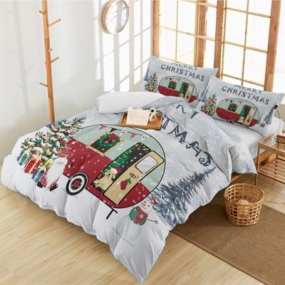 3 Pieces Cali King Bedding Duvet Covers Set Merry Christmas RVs Xmas Snowy Pine Tree Soft Quilt Cover and Pillow Shams,Lightweight Comforter Cover Sets for Bedroom Decor Snowman on Car Snowflakes