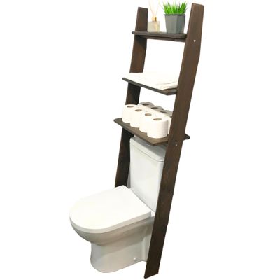 GENESIS WOODESIGN Over The Toilet Birch Wood Bathroom Organizer Shelves, 3-Tier Freestanding Above Toilet Storage Ladder Shelf, Standing Space Saver Behind Toilet Small Bathroom Organizer (Walnut)
