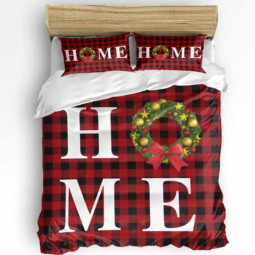 3 Pieces Full Bedding Duvet Covers Set Christmas Home Texts Pine Wreath Soft Quilt Cover and Pillow Shams,Lightweight Comforter Cover Sets for Bedroom Decor Chic Buffalo Check