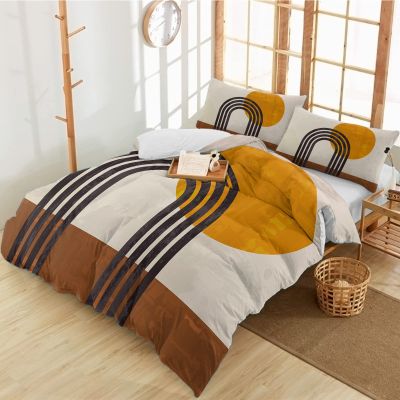 3 Pieces Full Bedding Duvet Covers Set Mid Century Abstract Terracotta Sun Black Arch Striped Soft Quilt Cover and Pillow Shams,Lightweight Comforter Cover Sets for Bedroom Decor Morandi Color