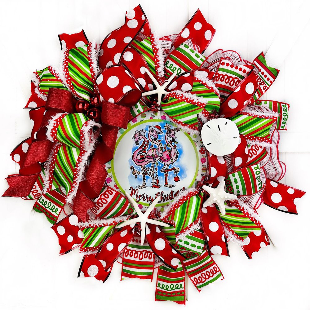 Flamingo Coastal, Beach, Nautical Christmas Wreath, Sand Dollar, Starfish, Bow