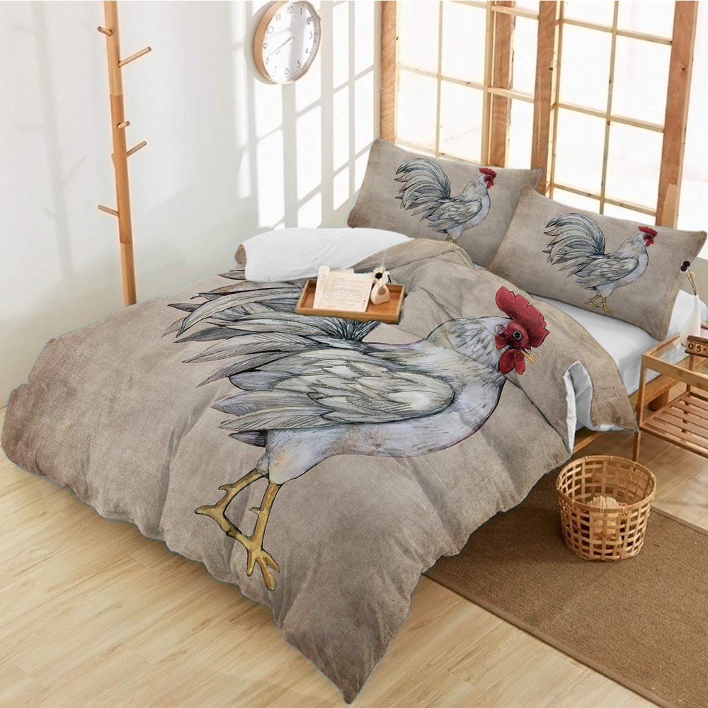 3 Pieces California King Bedding Duvet Covers Set Rural Animals Cock Soft Quilt Cover and Pillow Shams,Lightweight Comforter Cover Sets for Bedroom Decor Abstract Chicken on Shabby Kraft Paper
