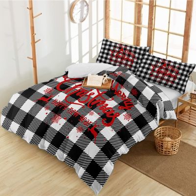 3 Pieces Full Bedding Duvet Covers Set Christmas Red Quotes on Black White Buffalo Cheque Soft Quilt Cover and Pillow Shams,Lightweight Comforter Cover Sets for Bedroom Decor Xmas Texts