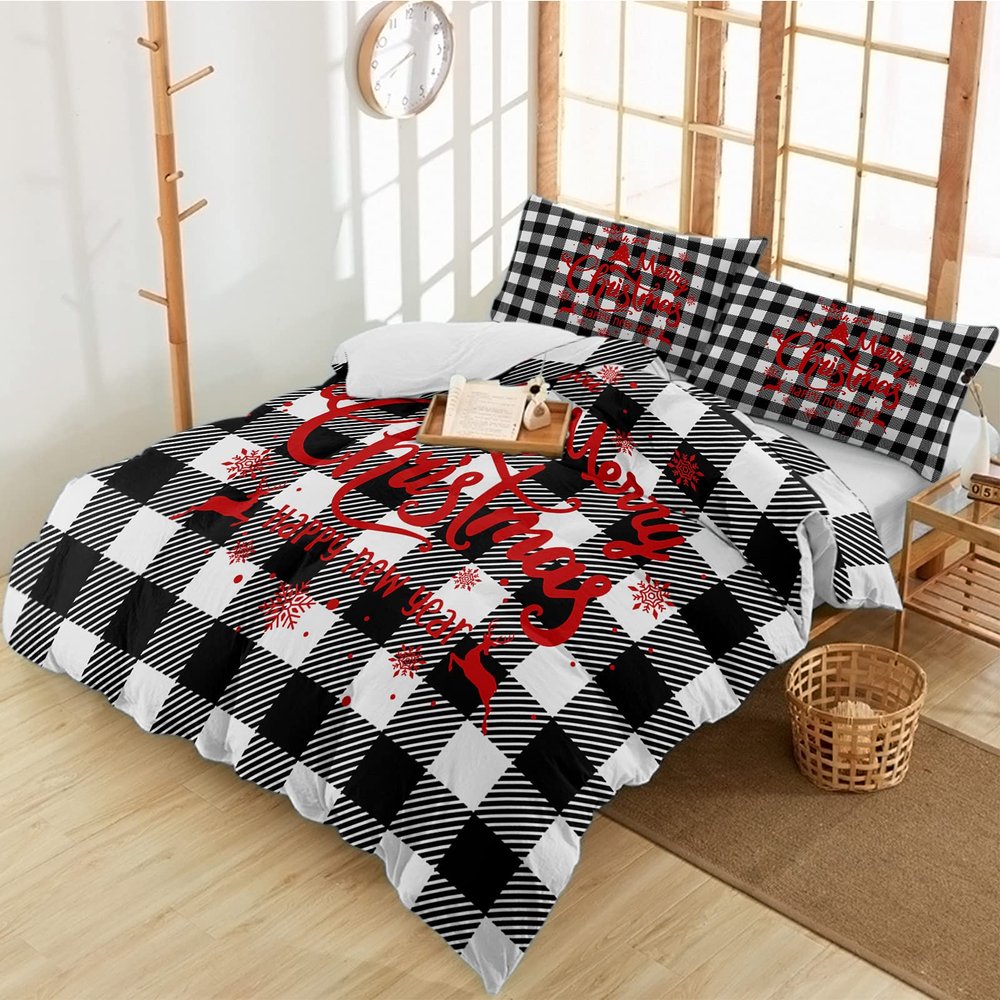 3 Pieces Full Bedding Duvet Covers Set Christmas Red Quotes on Black White Buffalo Cheque Soft Quilt Cover and Pillow Shams,Lightweight Comforter Cover Sets for Bedroom Decor Xmas Texts