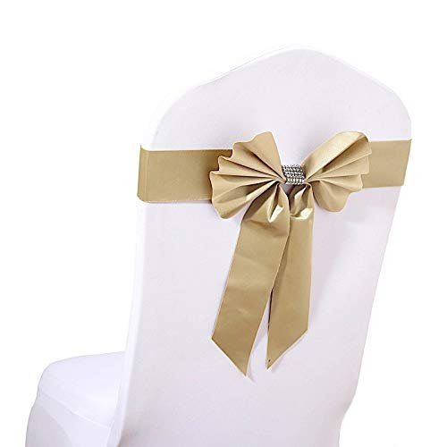 Balsa Circle 100 pcs Champagne Reversible Satin Faux Leather Bow Tie Chair Sashes with Buckles Wedding Ceremony Reception Decorations
