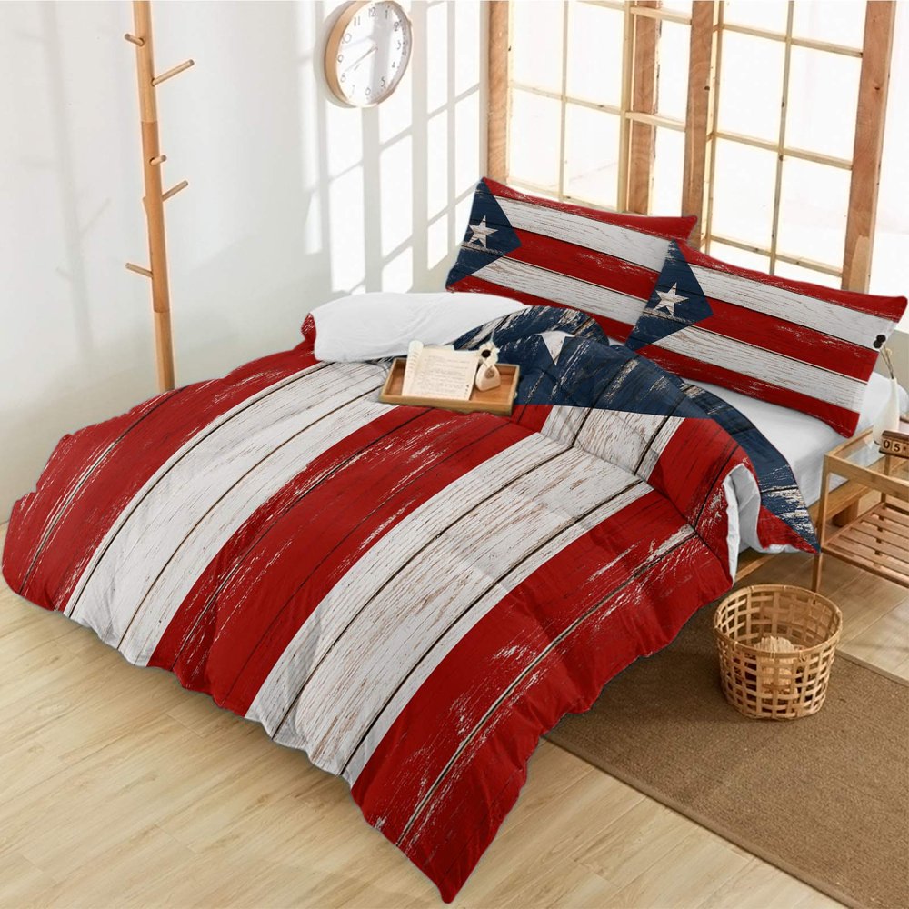 3 Pieces California King Bedding Duvet Covers Set Puerto Rico Flag on Shabby Wood Grain Soft Quilt Cover and Pillow Shams,Lightweight Comforter Cover Sets for Bedroom Decor Star on Blue Red White