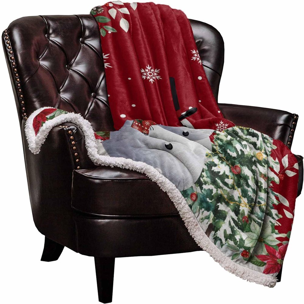 Chucoco Sherpa Throw Blanket Christmas Snowman Pine Tree Flannel Fleece Soft Cozy Warm Throws Luxury Microfiber Blankets Plush Quilt Bedspread for Bed Couch Sofa Geometric Snowflake on Xmas Red