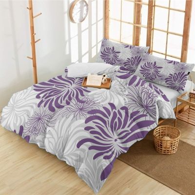 3 Pieces California King Bedding Duvet Covers Set Purple White Grey Chrysanthemum Flower Soft Quilt Cover and Pillow Shams,Lightweight Comforter Cover Sets for Bedroom Decor Minimalist Floral