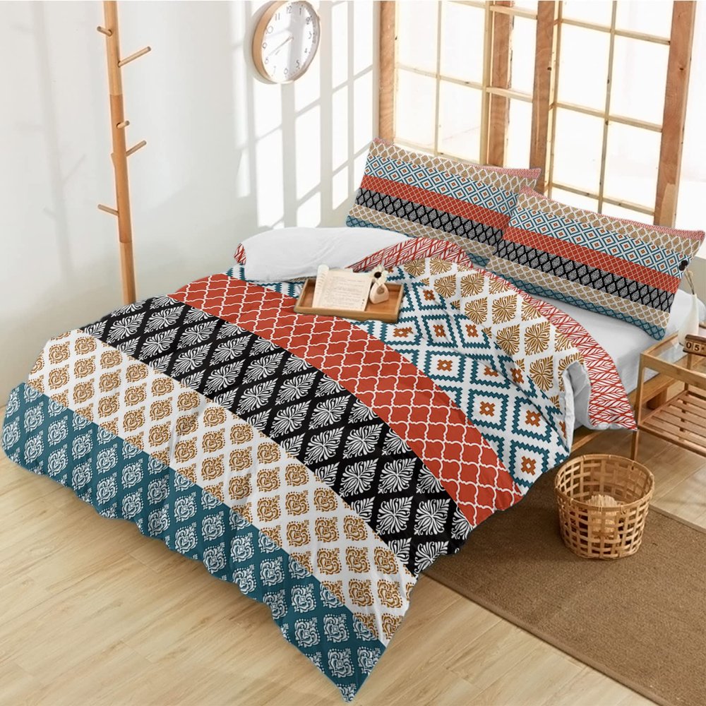 3 Pieces California King Bedding Duvet Covers Set Boho Ethnic Satin Texture Soft Quilt Cover and Pillow Shams,Lightweight Comforter Cover Sets for Bedroom Decor Ethnic Damask Flower Bohemian