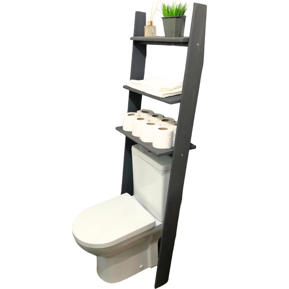 GENESIS WOODESIGN Over The Toilet Bathroom Organizer Shelves, 3-Tier Freestanding Above Toilet Storage Ladder Shelf, Standing Space Saver Behind Toilet Small Bathroom Organizer (Grey)