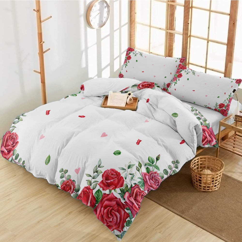 3 Pieces Full Bedding Duvet Covers Set Valentine's Day Blossoms Red Rose Flower Soft Quilt Cover and Pillow Shams,Lightweight Comforter Cover Sets for Bedroom Decor Green Boho Plant Leaf