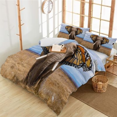 3 Pieces Full Bedding Duvet Covers Set African Elephant and Butterfly Ears Soft Quilt Cover and Pillow Shams,Lightweight Comforter Cover Sets for Bedroom Decor Wildlife Animal Nature Field Blue Sky