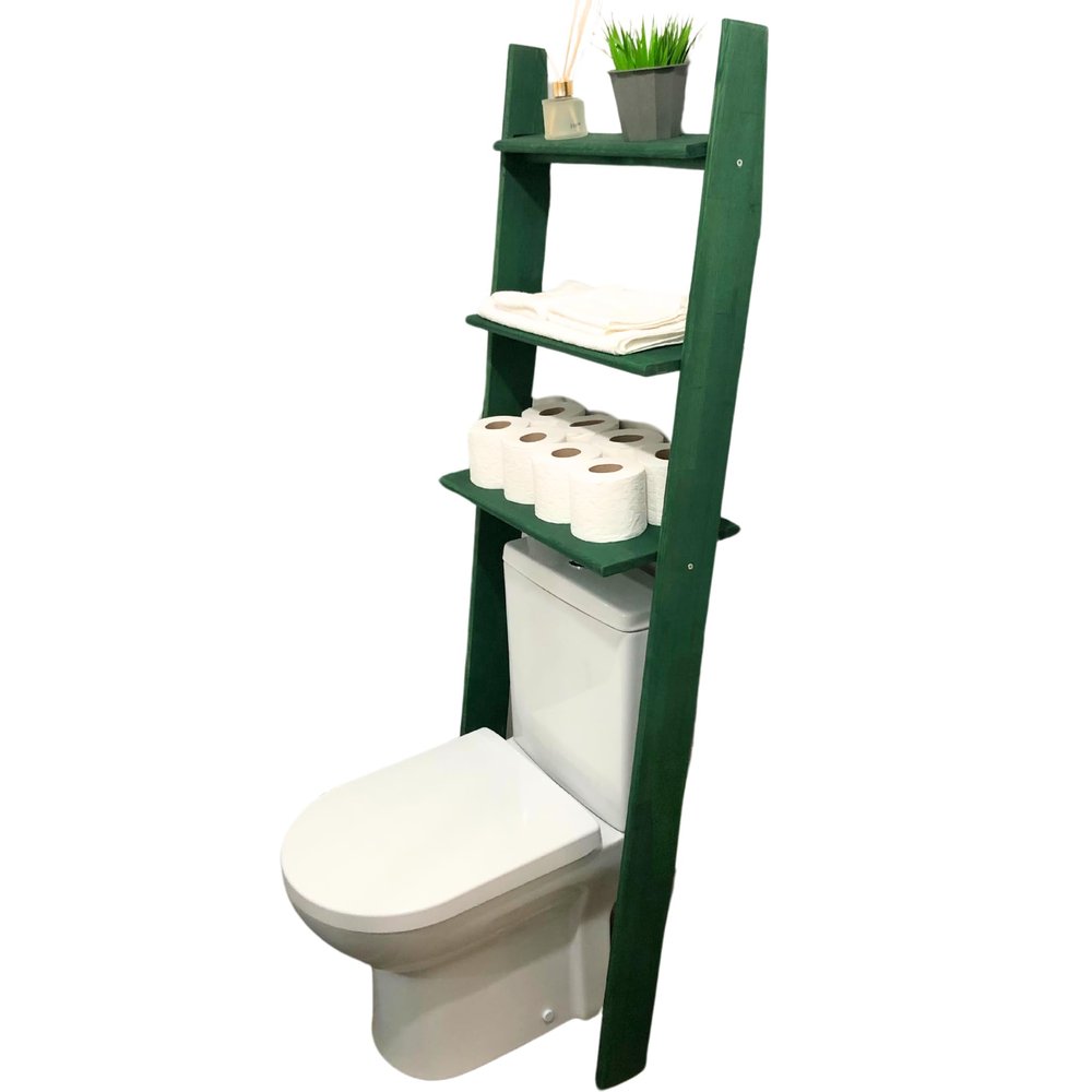 GENESIS WOODESIGN Over The Toilet Birch Wood Bathroom Organizer Shelves, 3-Tier Freestanding Above Toilet Storage Ladder Shelf, Standing Space Saver Behind Toilet Small Bathroom Organizer (Verde)