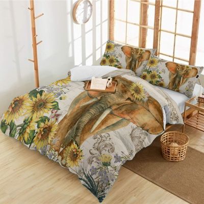 3 Pieces Full Bedding Duvet Covers Set Elephant with Blossom Sunflowers Soft Quilt Cover and Pillow Shams,Lightweight Comforter Cover Sets for Bedroom Decor Spring Floral Animals