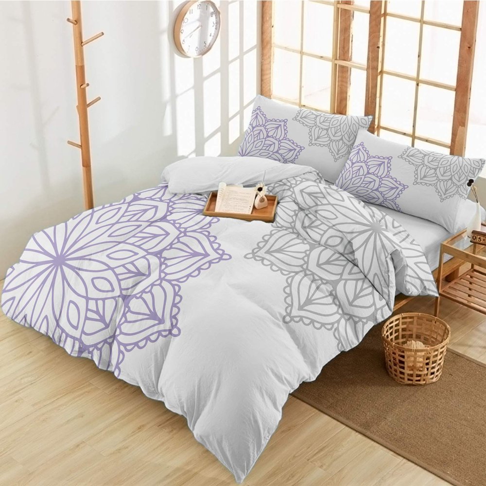 3 Pieces Full Bedding Duvet Covers Set Abstract Dahlia Flower Soft Quilt Cover and Pillow Shams,Lightweight Comforter Cover Sets for Bedroom Decor Grey Purple Blossoms Floral on White