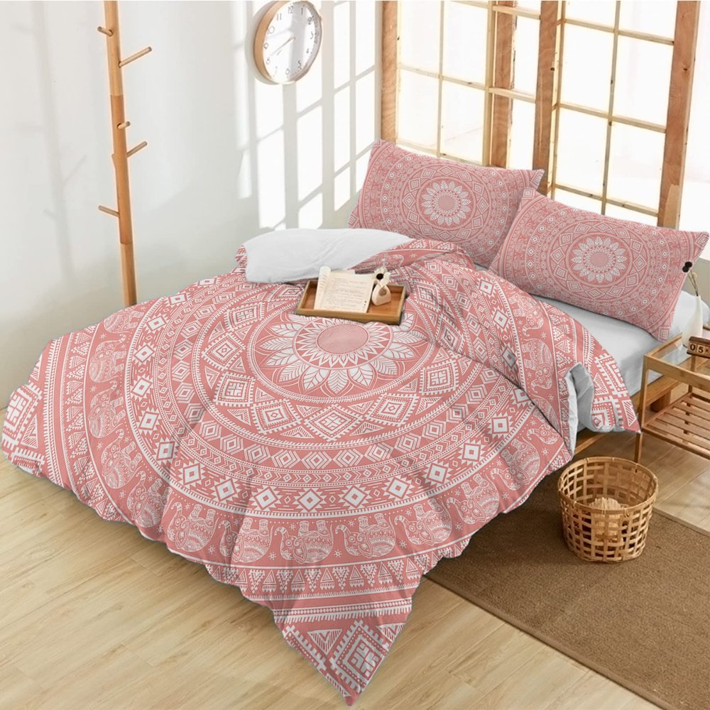3 Pieces California King Bedding Duvet Covers Set Traditional Pink Bohemian Mandala Flower Soft Quilt Cover and Pillow Shams,Lightweight Comforter Cover Sets for Bedroom Decor Tribe Boho Floral