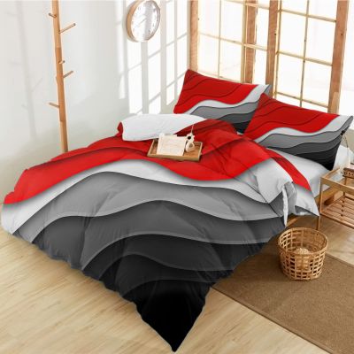 3 Pieces Full Bedding Duvet Covers Set Abstract Red Black Grey Ripple Striped Soft Quilt Cover and Pillow Shams,Lightweight Comforter Cover Sets for Bedroom Decor Modern Art